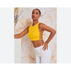 NWT SHEIN Bae Yellow Popcorn Crinkle Lace Up Side Crop Top Sleeveless Small NWT